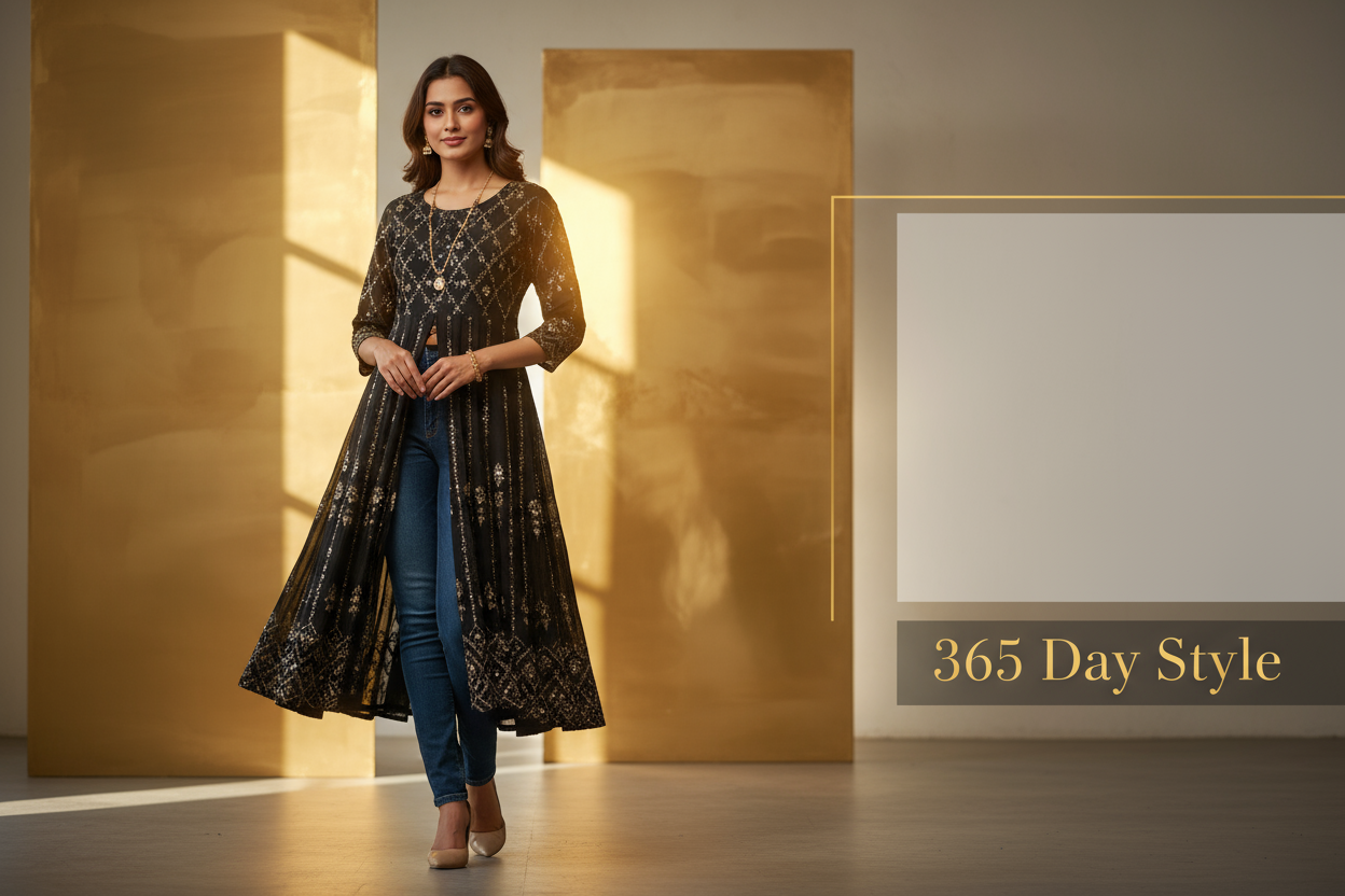 Stylish Indian woman confidently posing in elegant daily wear outfit — black and gold kurti with modern jeans, subtle jewelry, soft sunlight glow, luxury background with minimalist fashion studio vibe, golden reflections, premium photoshoot lighting, cinematic tone, realistic fabric texture, brand banner style, text space on right side, for online clothing store “365 Day Style”.